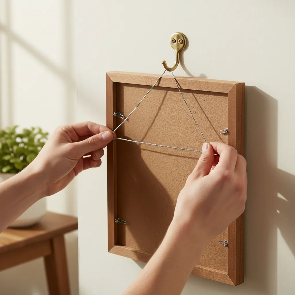 Hands adjusting hanging wire on back of picture frame before rehanging