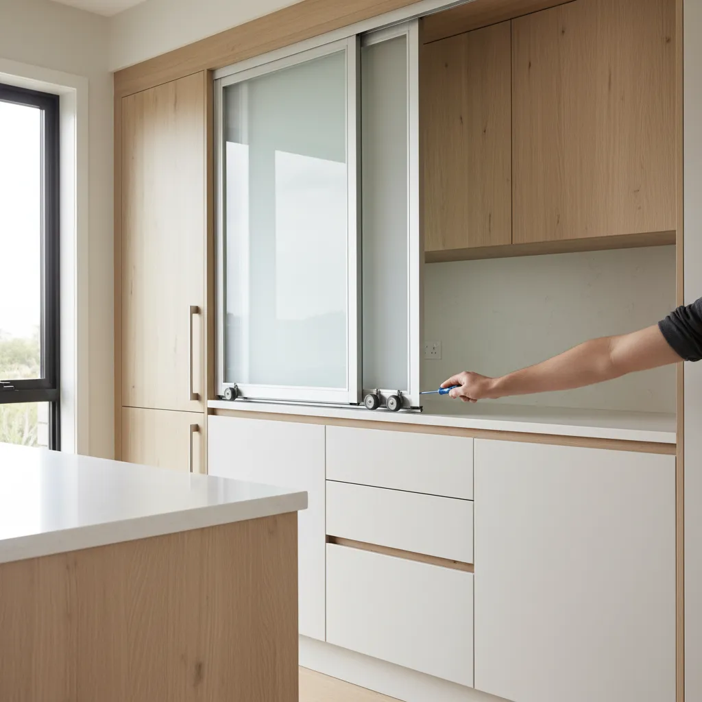 Adjusting sliding cabinet door rollers to fix alignment