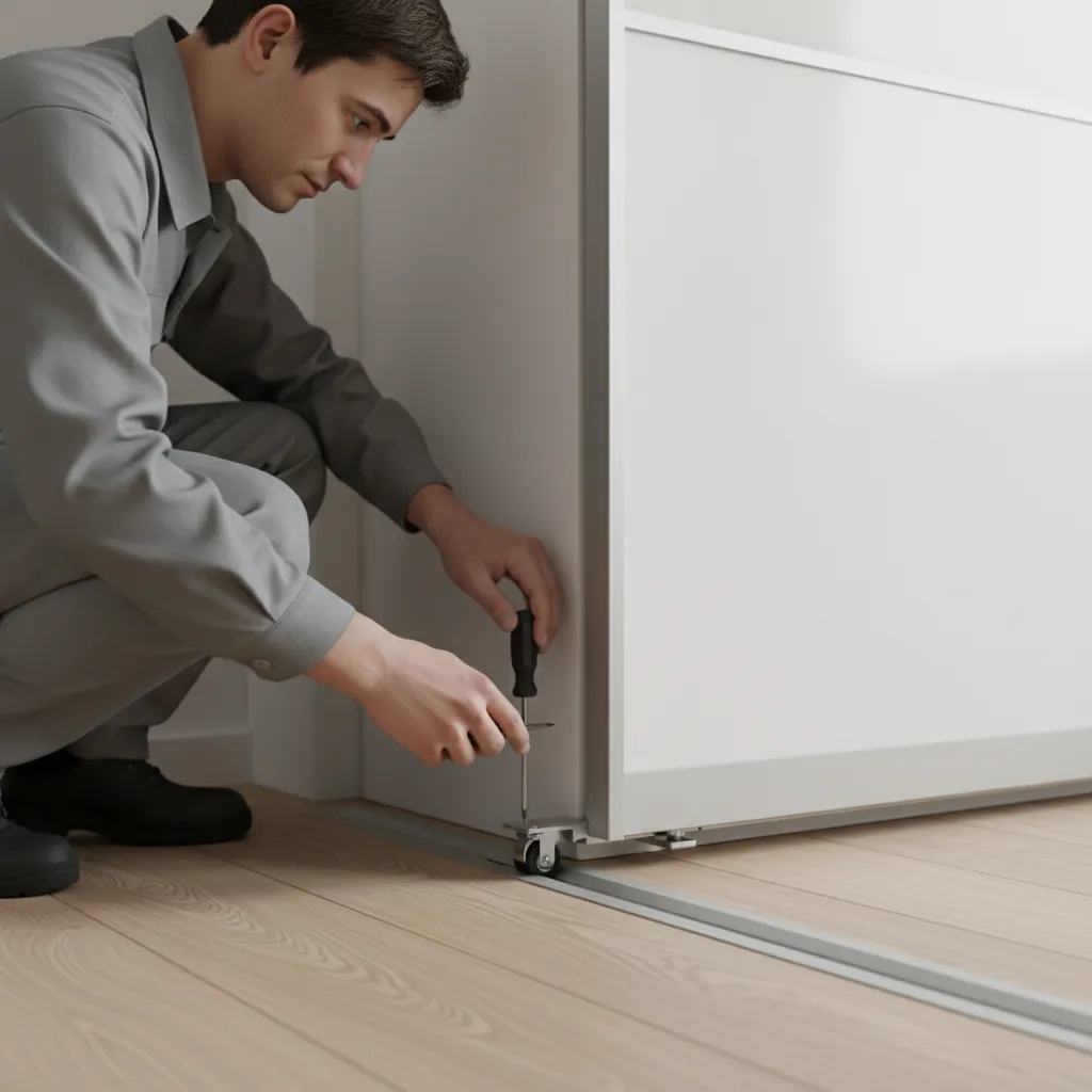 Adjusting height screw on sliding wardrobe door roller system