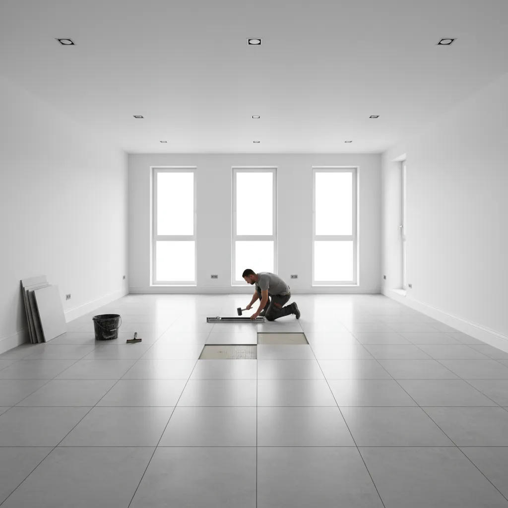 Tile layout grid adjusted to balance edge cuts across room floor