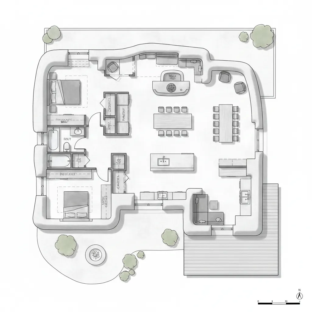 Plano arquitectónico de una casa de adobe con distribución abierta