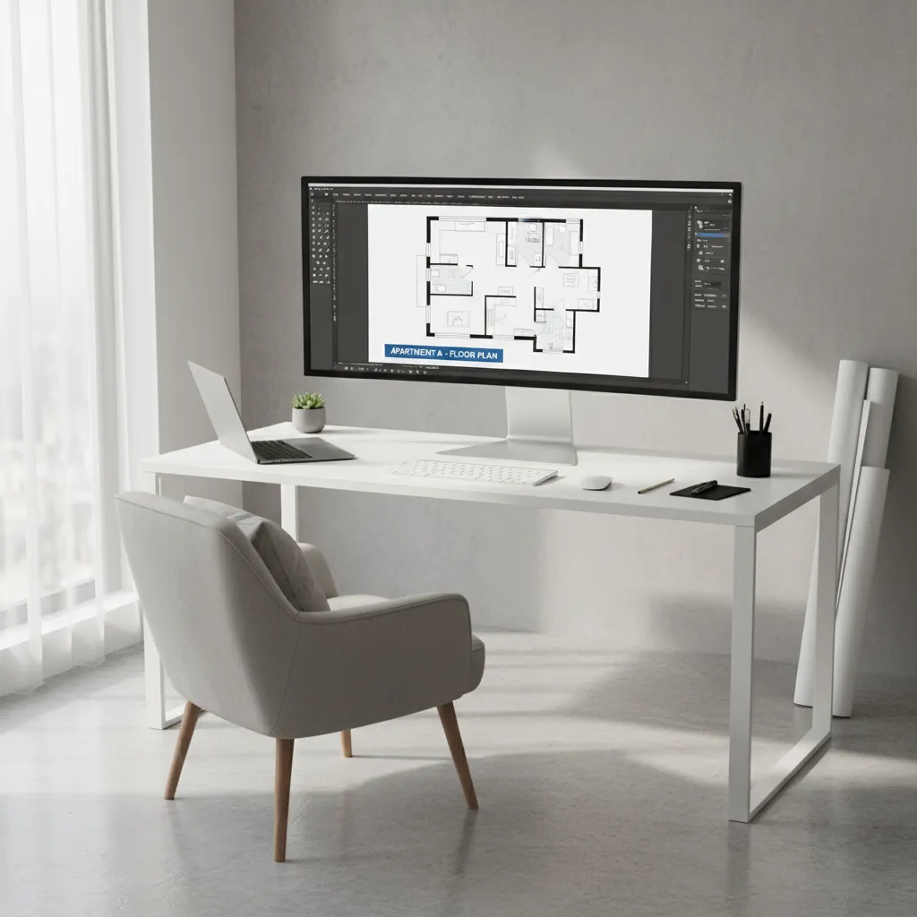Interior design drawing on a computer screen in a bright office with a white desk