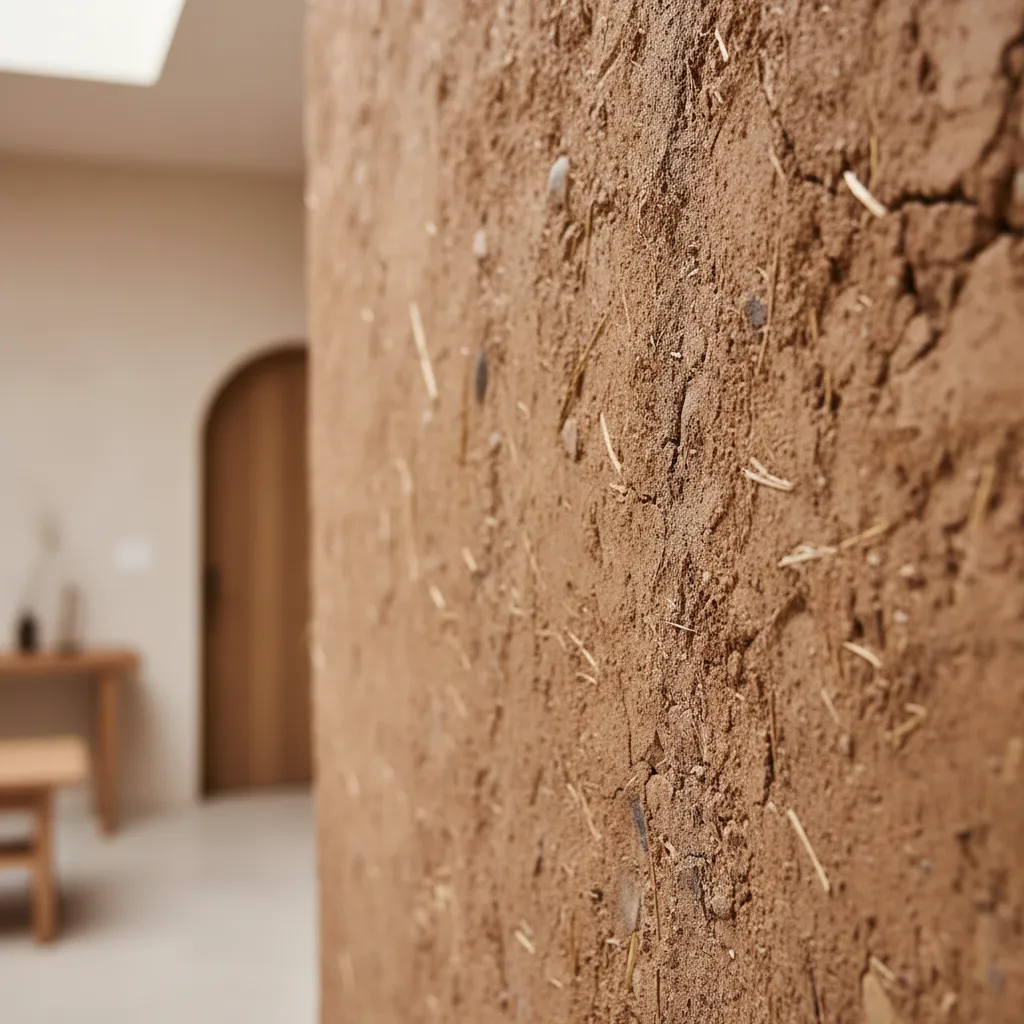 Detalle de textura de pared de adobe en interior de vivienda