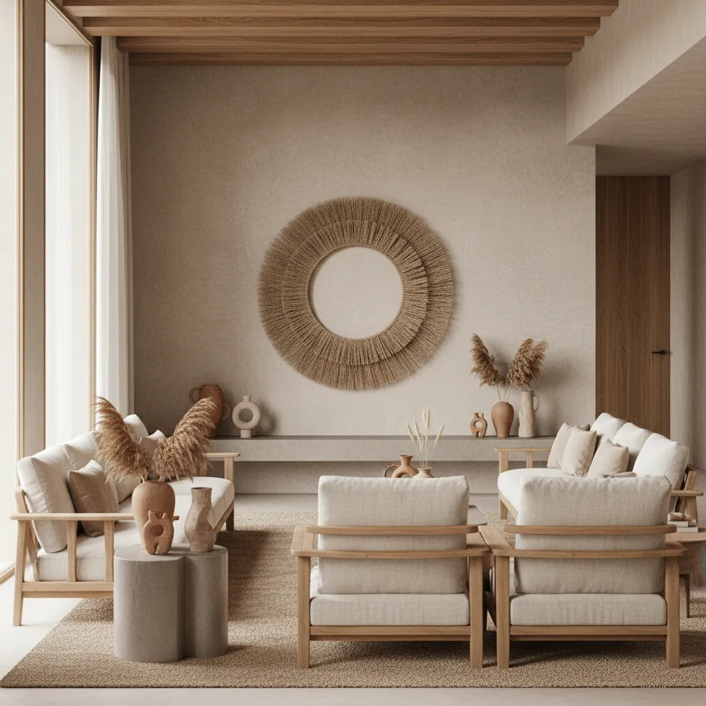 Beige living room with wooden sofas large circular wall decoration and vases of dried grass