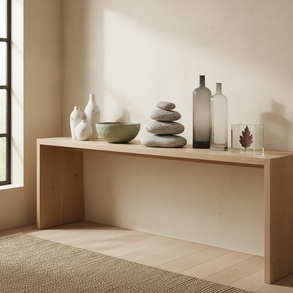 Simple wooden table decorated with white vases, stacked stones, glass bottles and a small rug