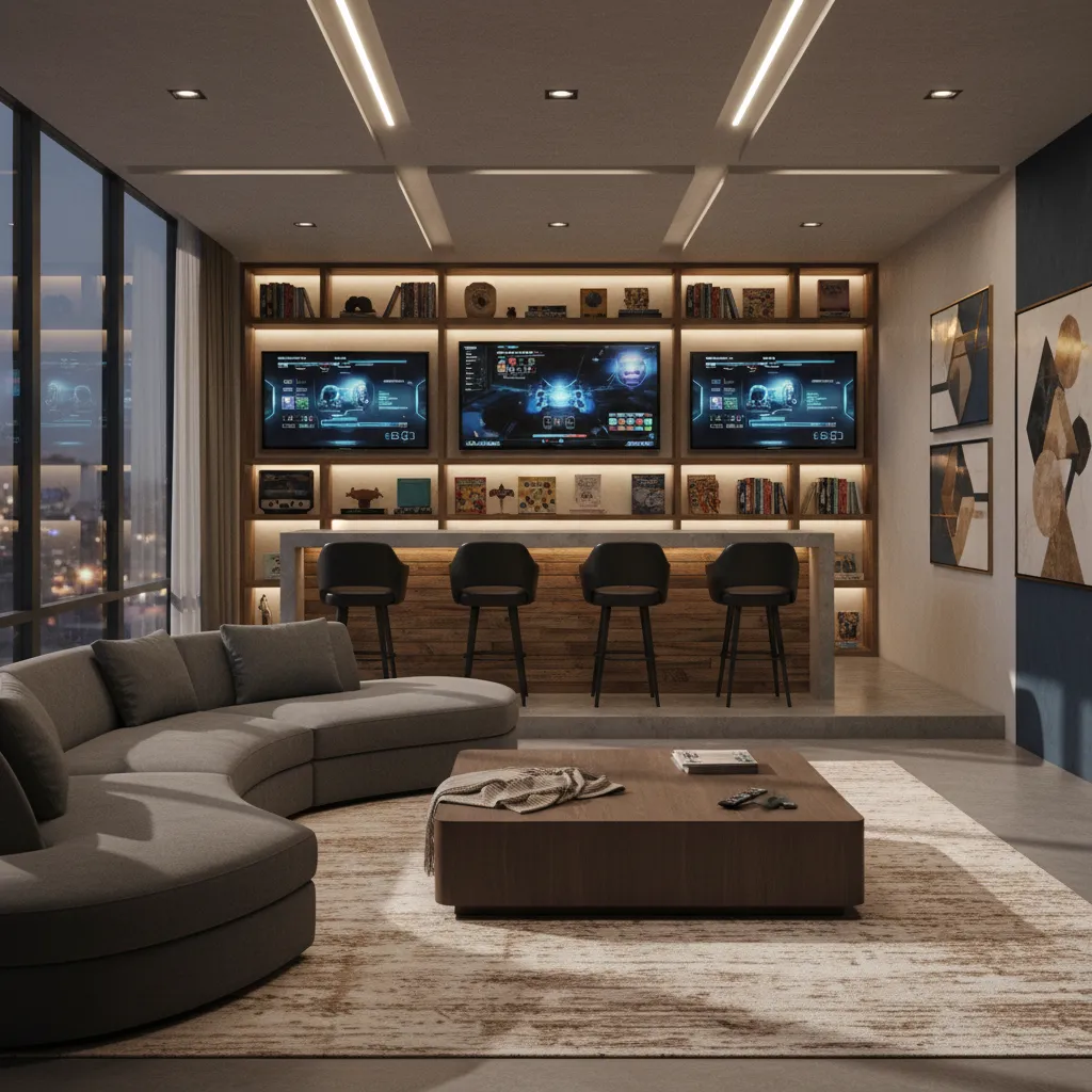 Comfortable lounge seating area inside an adult game room