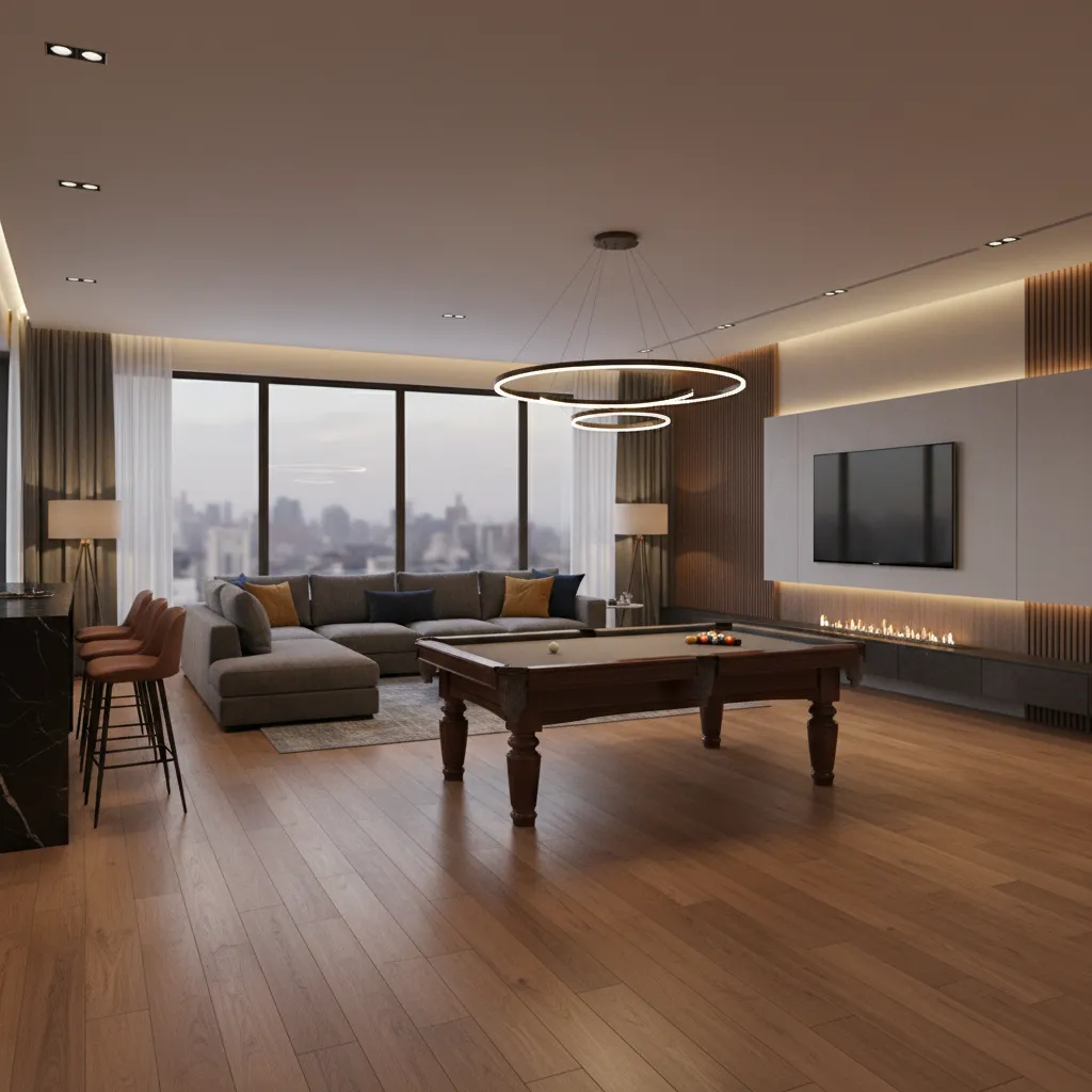 Adult game room with pool table as central attraction and lounge seating