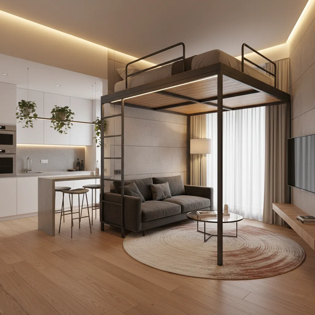 Apartamento pequeño con cama elevada para adultos