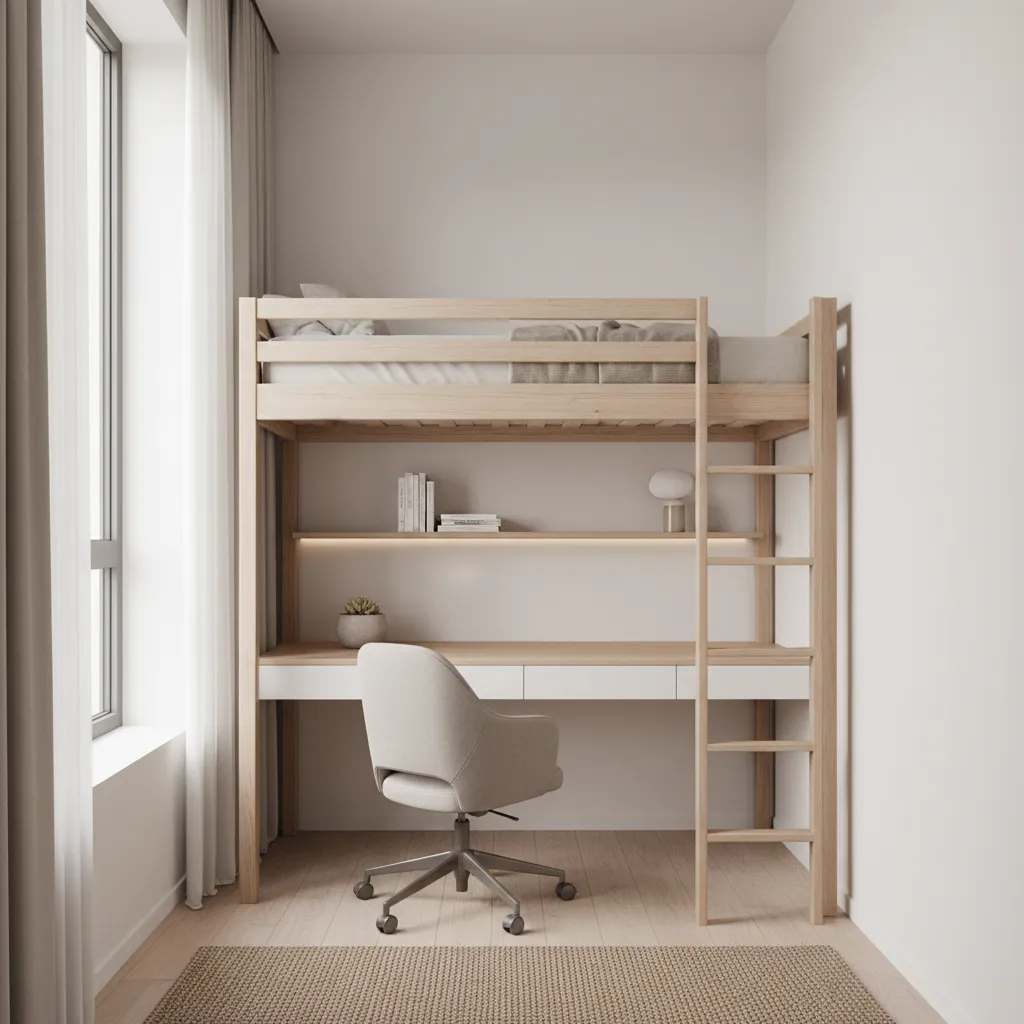 adult loft bed with workspace underneath in small bedroom