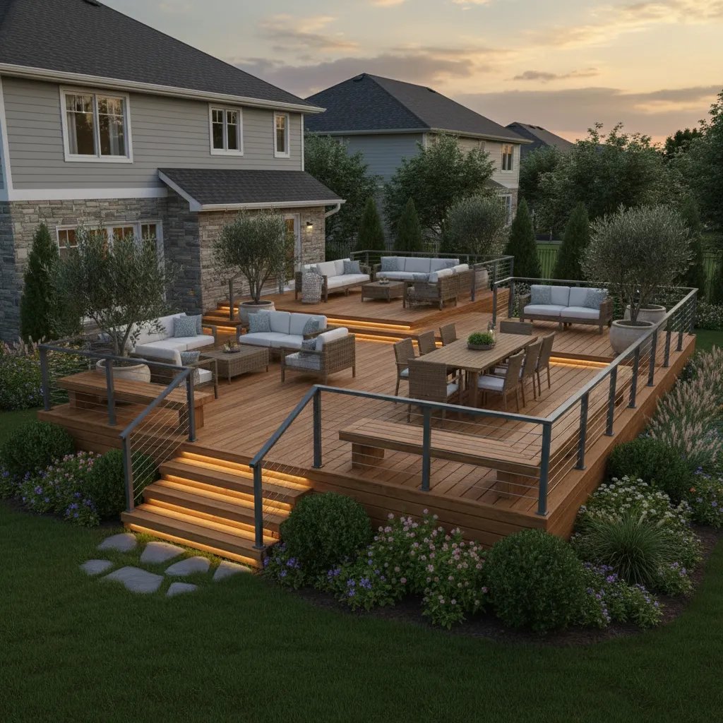 realistic 3D render of multi level backyard deck with lighting and furniture