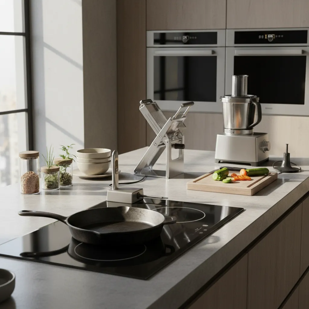 Advanced kitchen tools including cast iron skillet thermometer and food processor