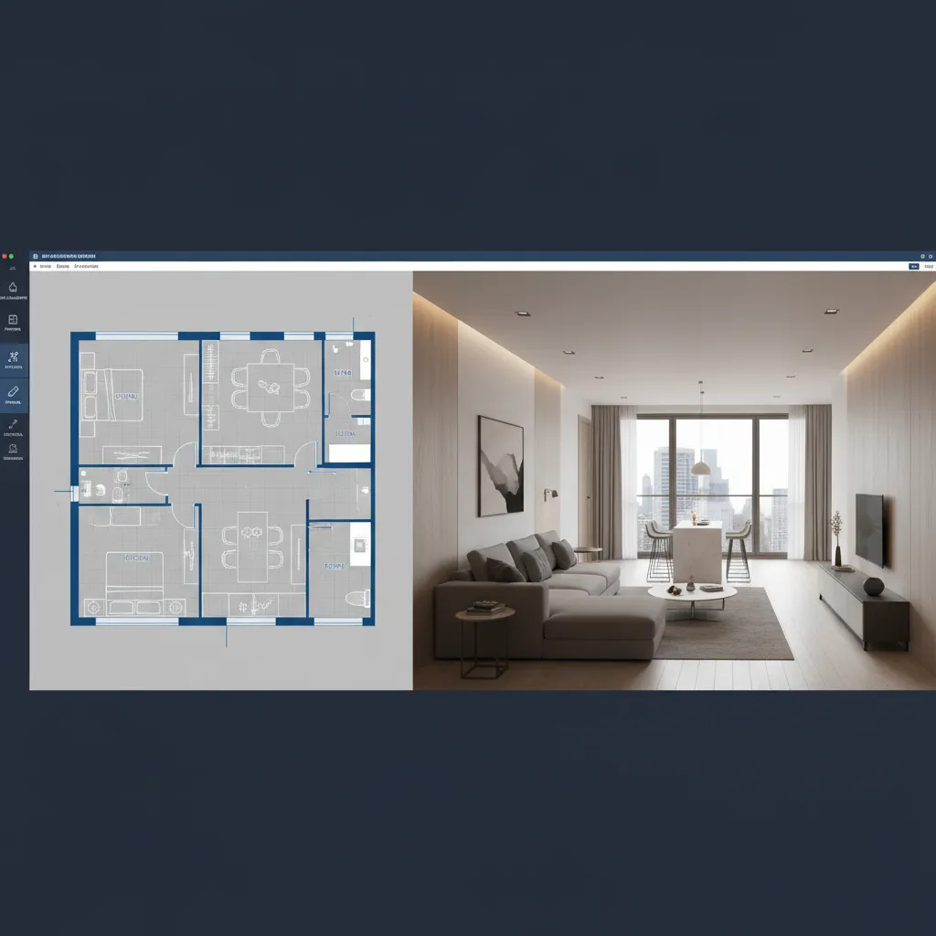 advanced home design simulator showing editable floor plan and 3D room view