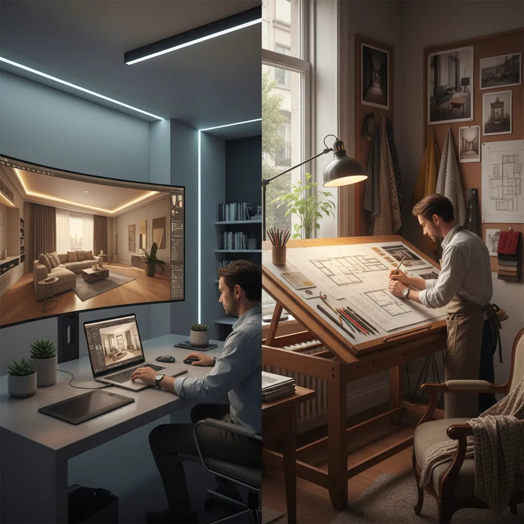 Designer using computer program for room design instead of traditional hand drawing on wooden desk