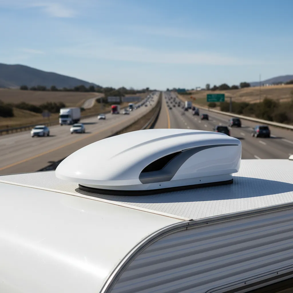 Aerodynamic RV vent cover designed for travel trailer towing