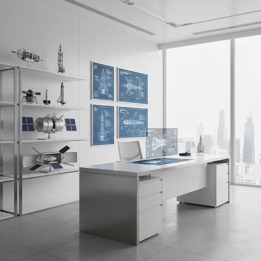 aerospace inspired office with spacecraft models and blueprint wall art