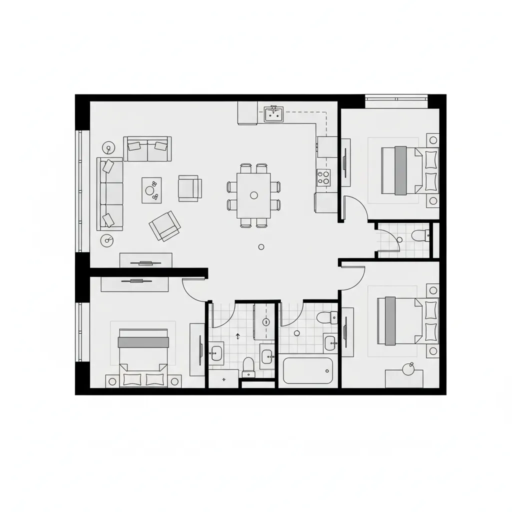 Vector apartment floor plan layout with furniture icons and labeled rooms