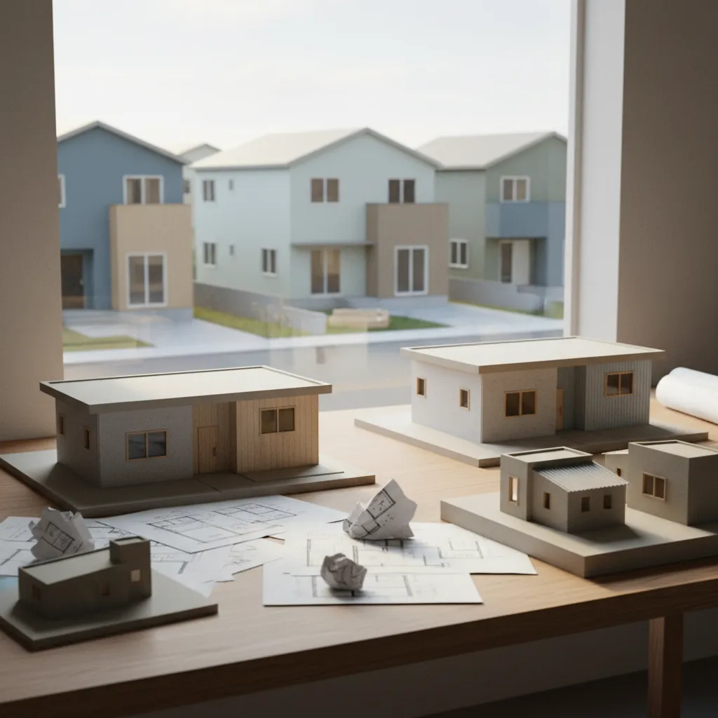 Small house models and floor plan drawings on a wooden table near a large bright window