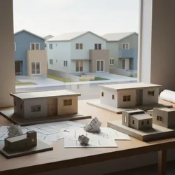 Small house models and floor plan drawings on a wooden table near a large bright window