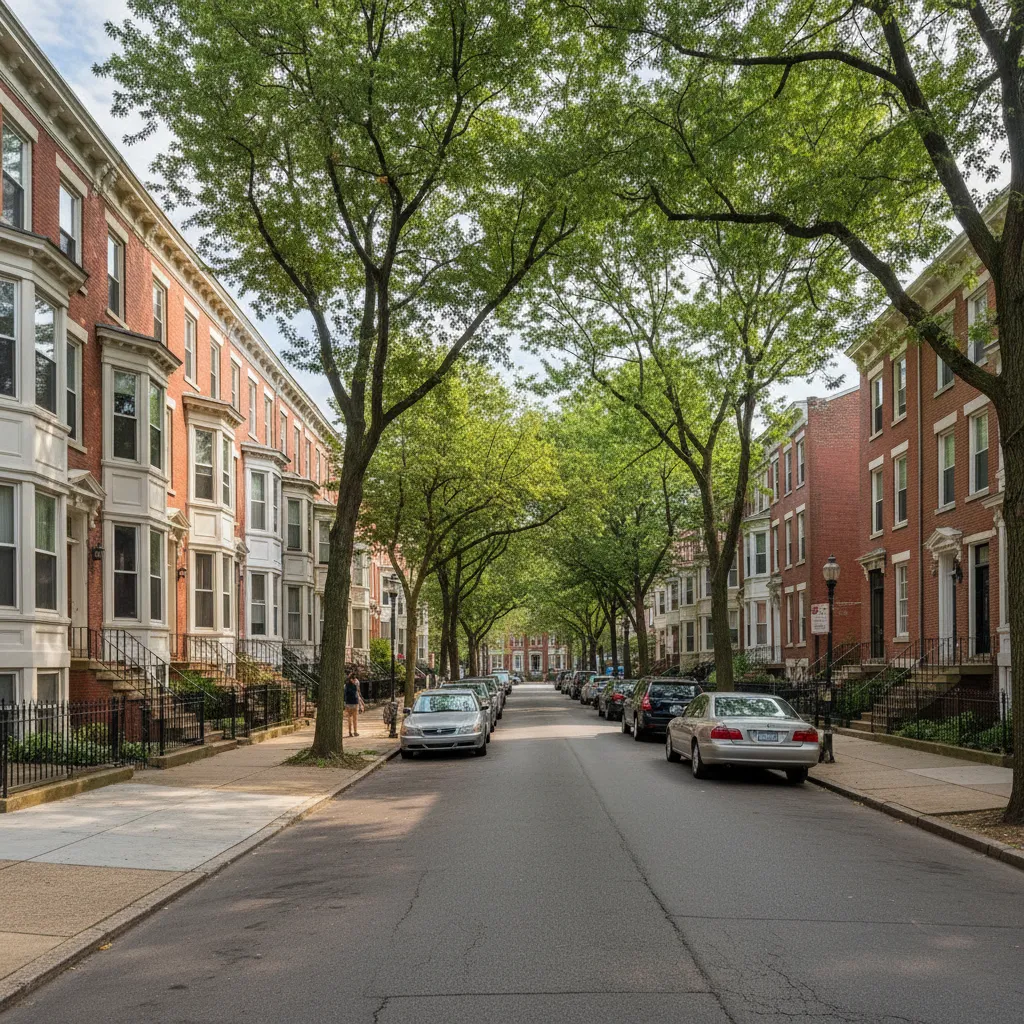 Residential Baltimore neighborhood showing modest affordable housing blocks