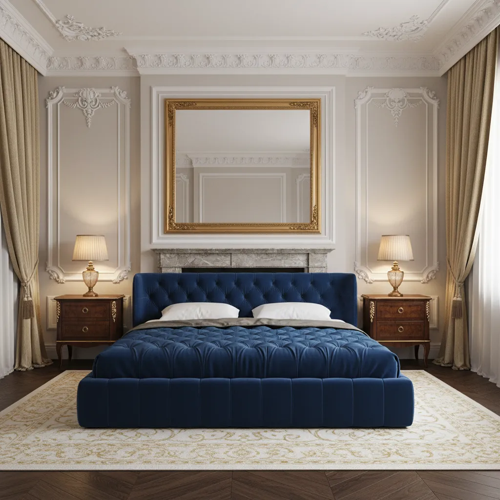 Baroque inspired bedroom with tufted headboard velvet curtains and classical decor