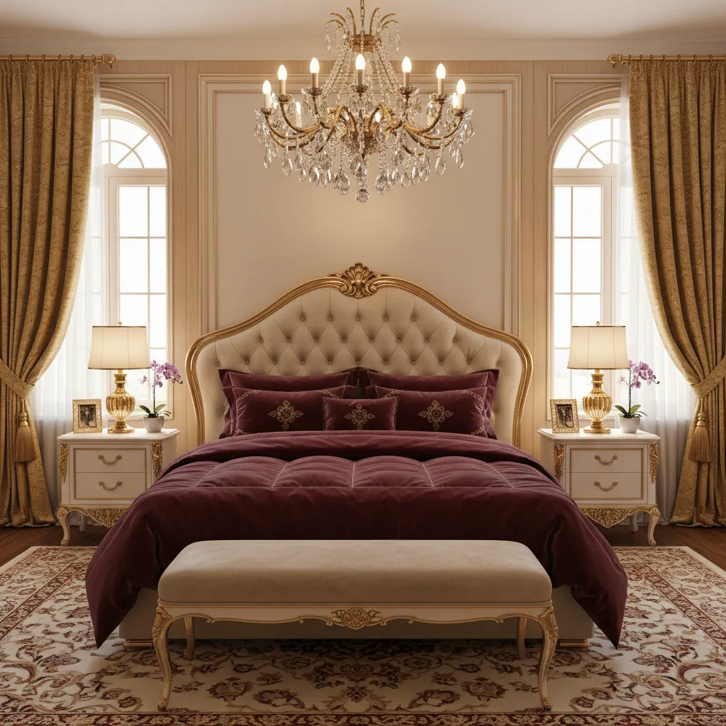 Affordable Baroque bedroom with tufted headboard and gold accents