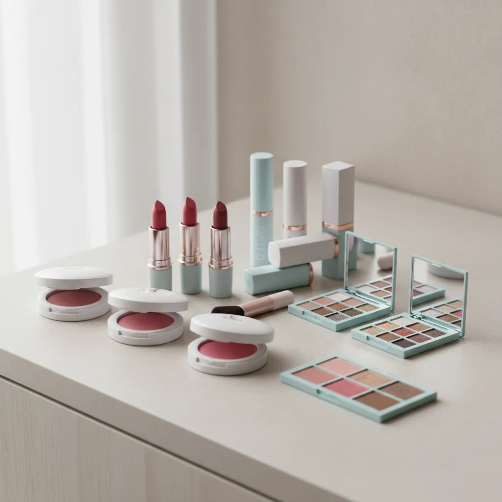 Affordable cruelty free makeup products arranged neatly on a vanity