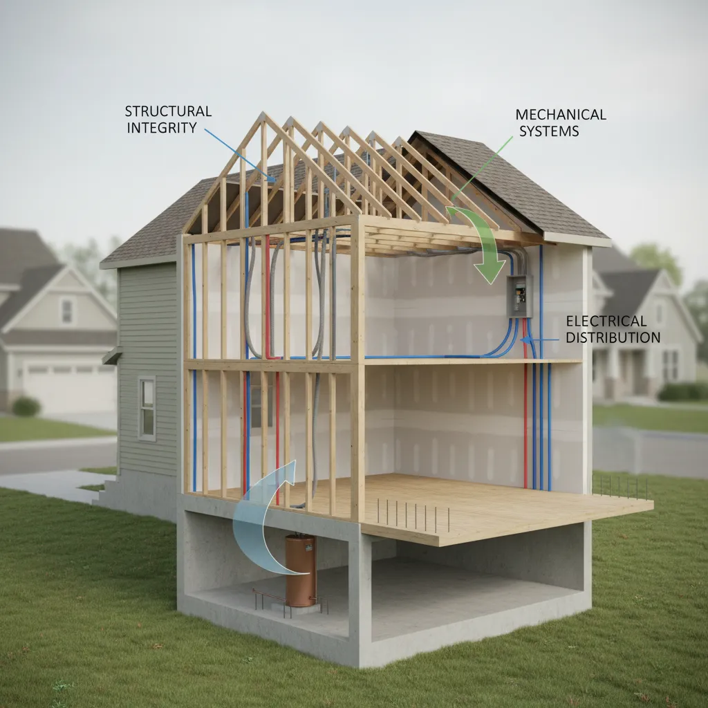 Interior design drawing showing a house cross section with wooden frame, pipes, and electrical wires