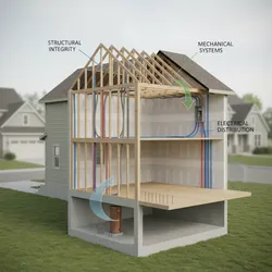 Interior design drawing showing a house cross section with wooden frame, pipes, and electrical wires