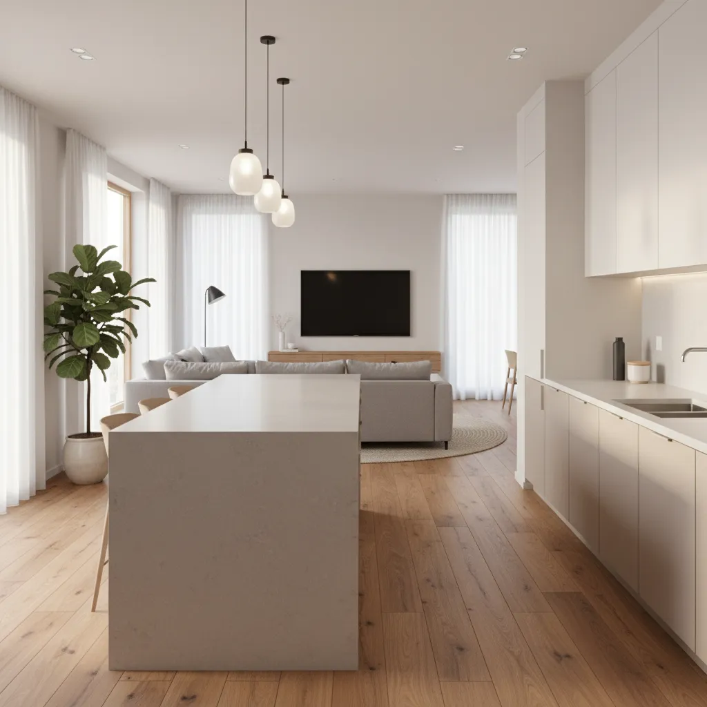 Interior using affordable durable materials like engineered wood flooring and quartz countertops