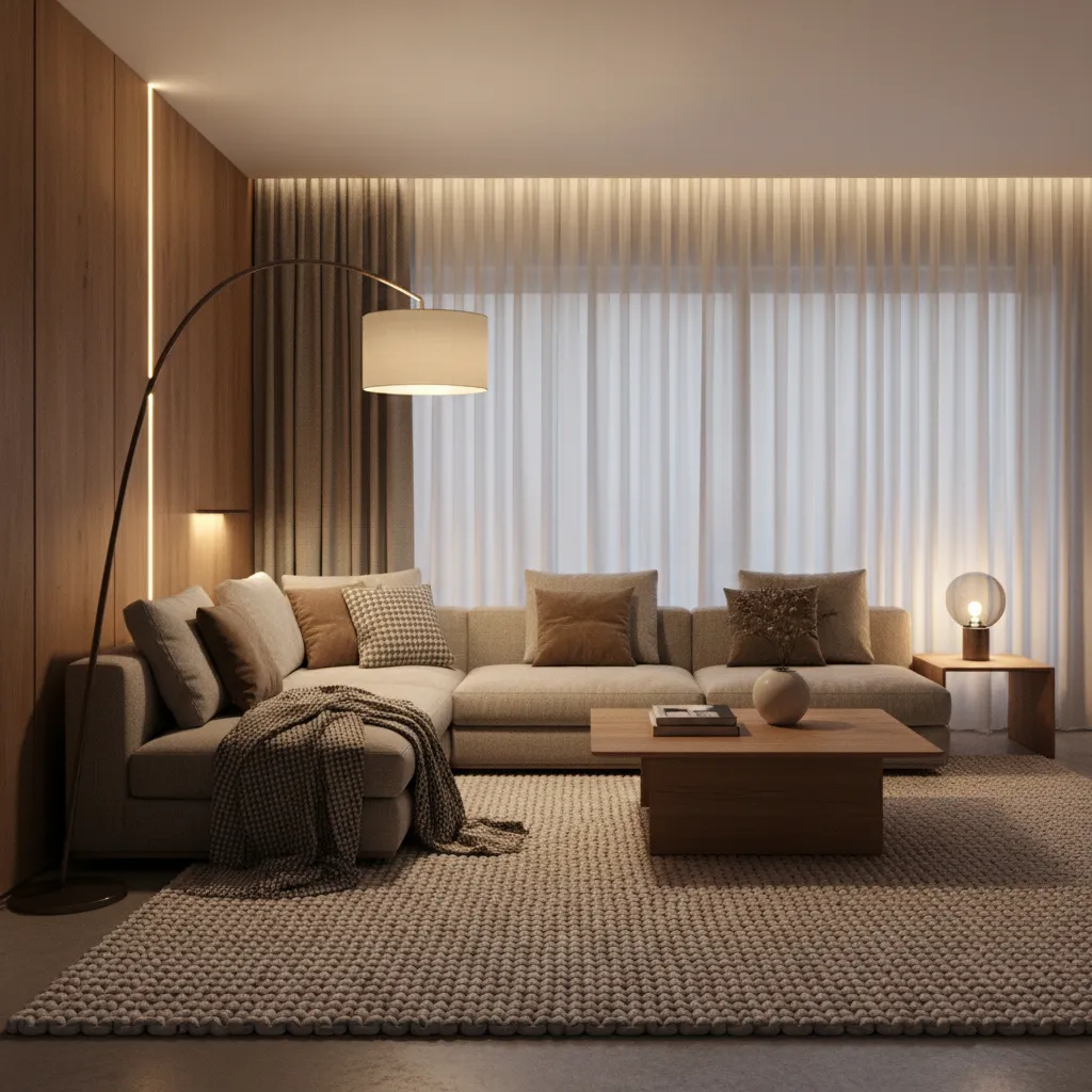 living room showing layered lighting rugs and curtains for affordable decor improvement