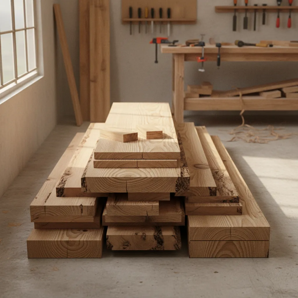 Stack of pine boards used for building a budget farmhouse dining table