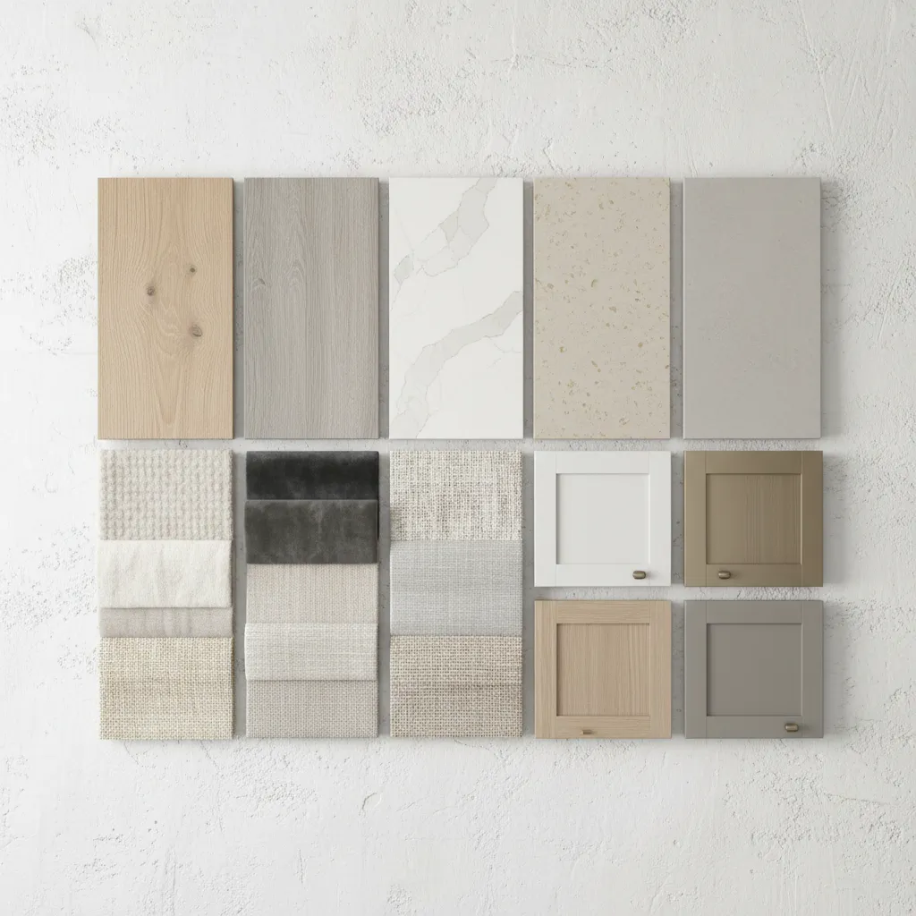 Affordable interior materials including laminate flooring and modular cabinets