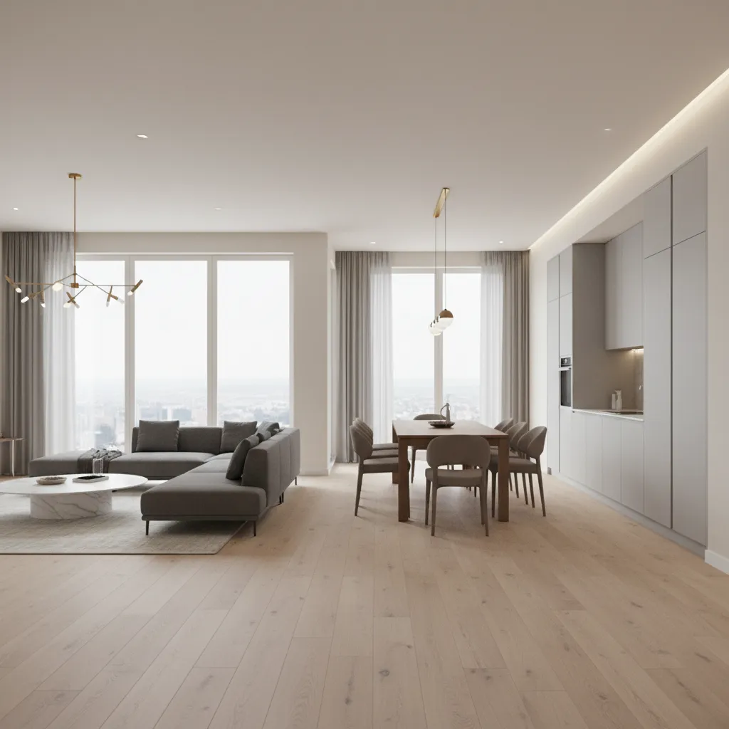modern home interior using consistent affordable materials like wood flooring and neutral finishes