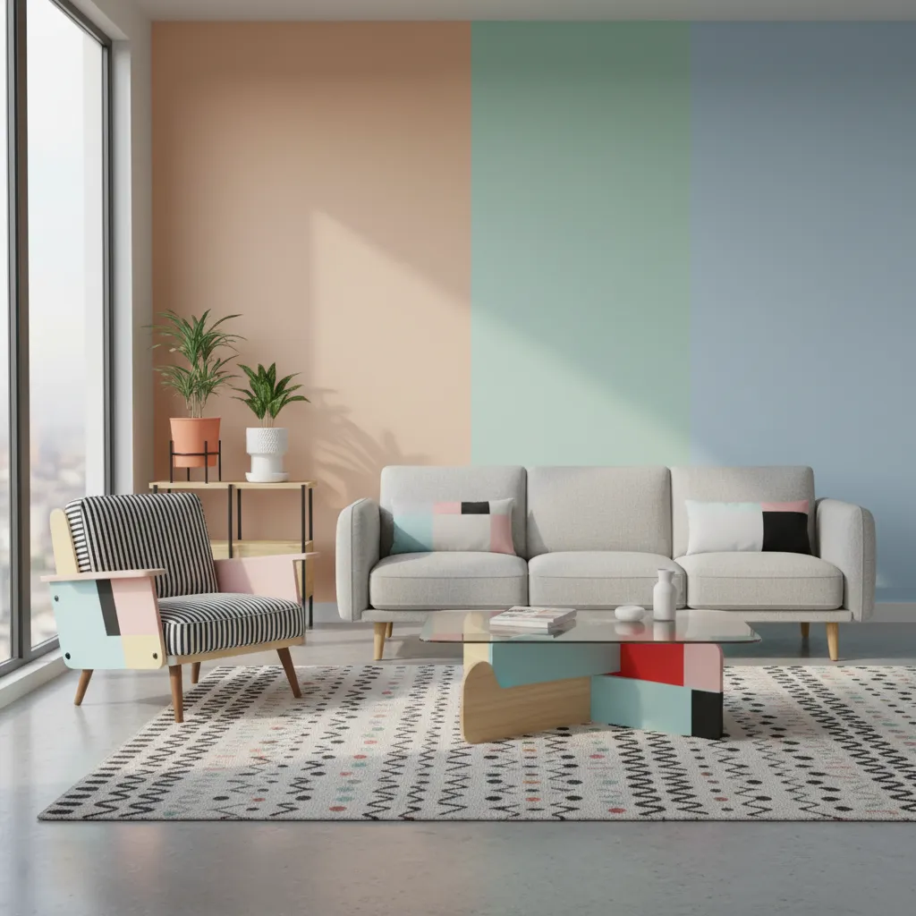 Affordable Memphis inspired furniture including colorful chair and geometric table