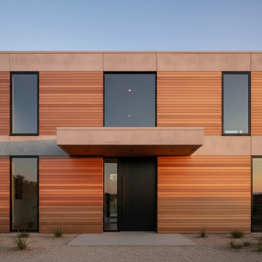 Casa moderna con materiales económicos como hormigón y madera