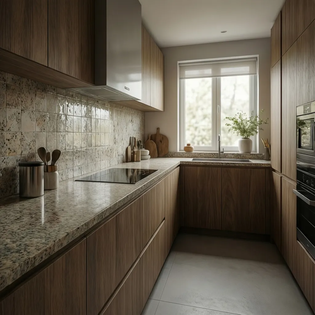 modern kitchen interior using affordable materials that appear premium such as quartz and large tiles