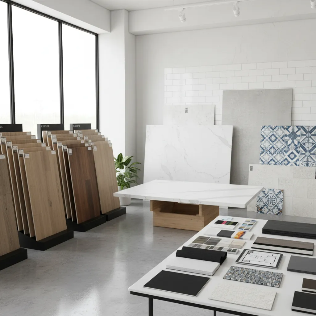 Showroom displaying wooden floor samples marble tiles and table with various interior design material swatches