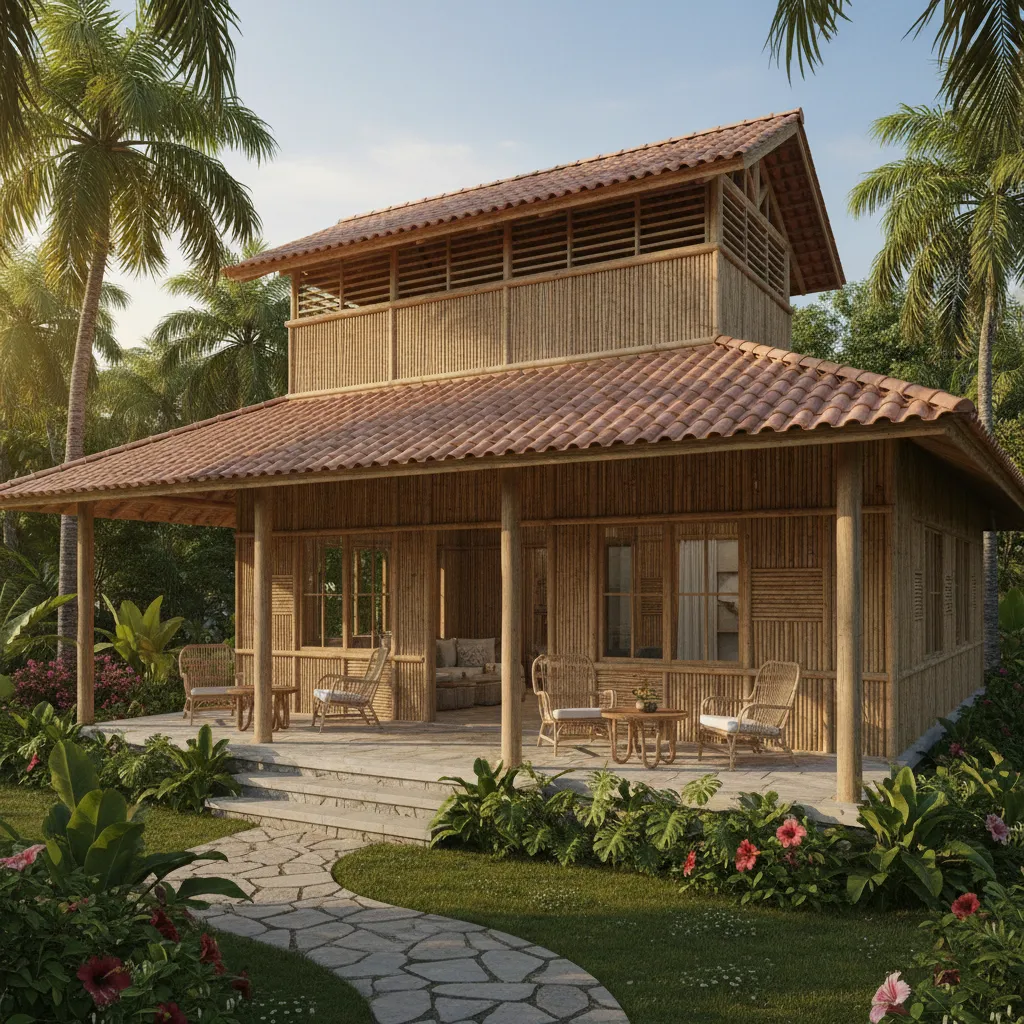 Tropical house using bamboo walls clay tiles and ventilated roof for passive cooling