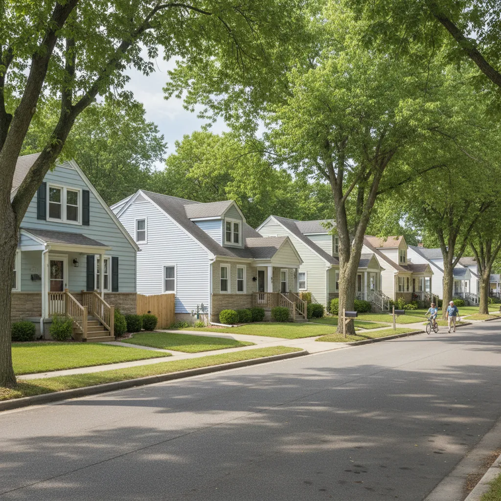 Residential suburban street with colorful small houses green leafy trees sidewalks and people walking outside