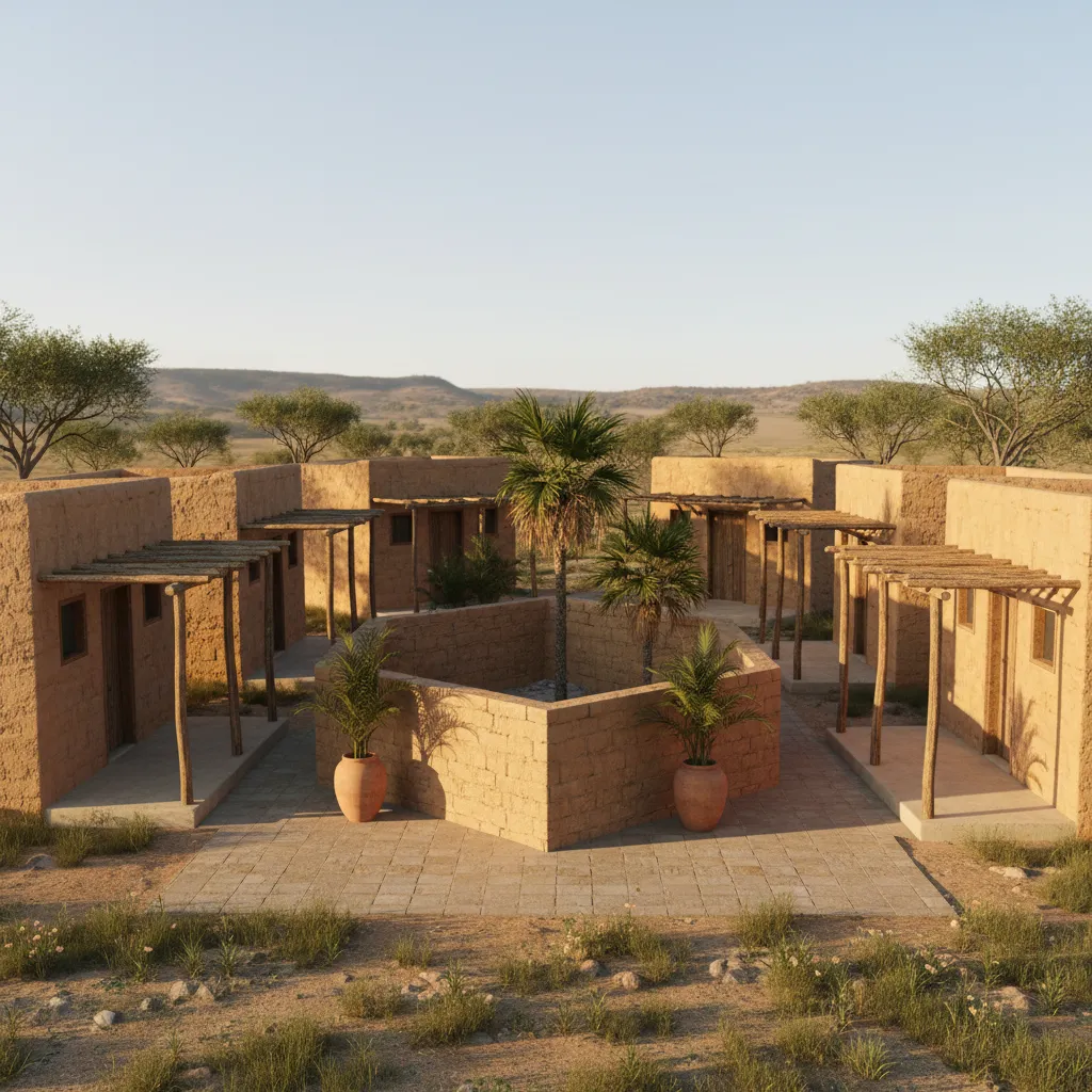 african affordable housing made with earth blocks and shaded veranda