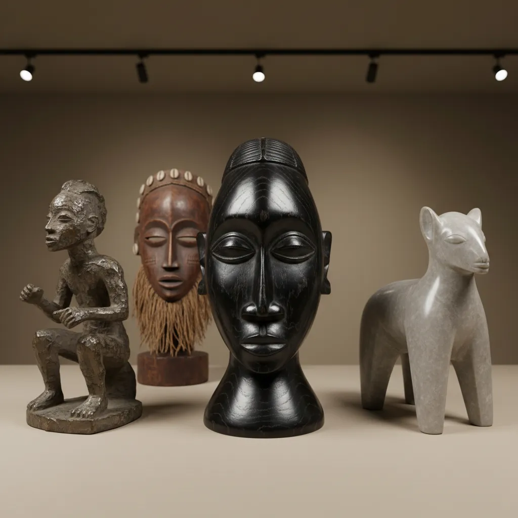 Close up of African sculpture materials including wood bronze and soapstone