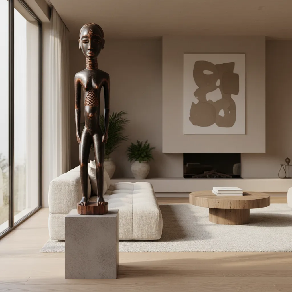 Hand carved African wooden statue displayed in a contemporary living room