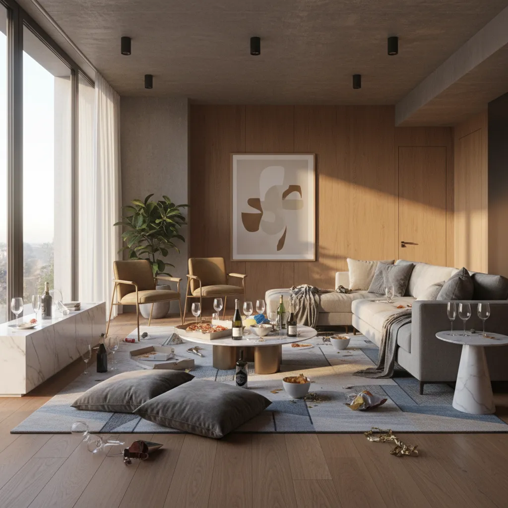 Sala de estar con restos de una fiesta: vasos, botellas y cojines desordenados