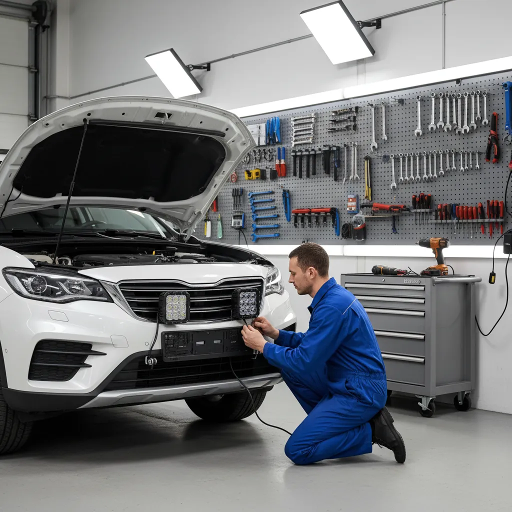 Mechanic installing auxiliary lights on a vehicle in a garage