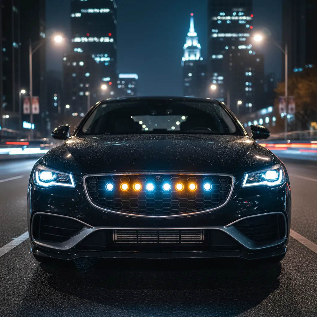 car with aftermarket flashing LED grille lights at night