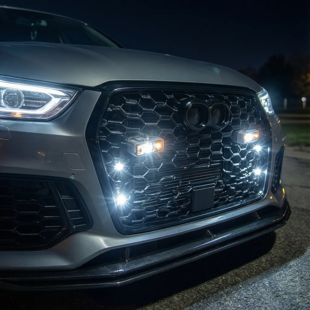 Aftermarket LED strobe lights installed in car grille