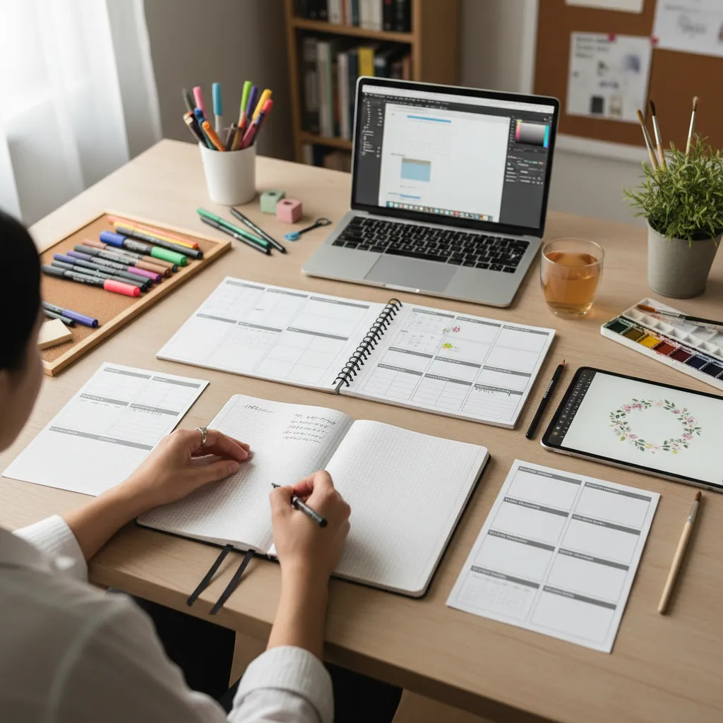 Persona diseñando su propia agenda con plantillas y notas