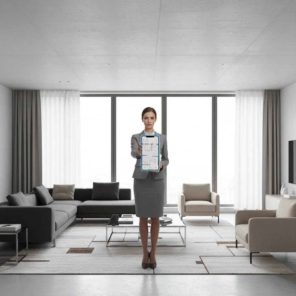 Real estate agent measuring living room while creating a floor plan using a smartphone app
