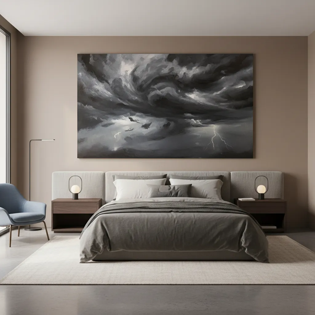 Bedroom wall art showing dramatic storm imagery demonstrating decor with negative symbolism