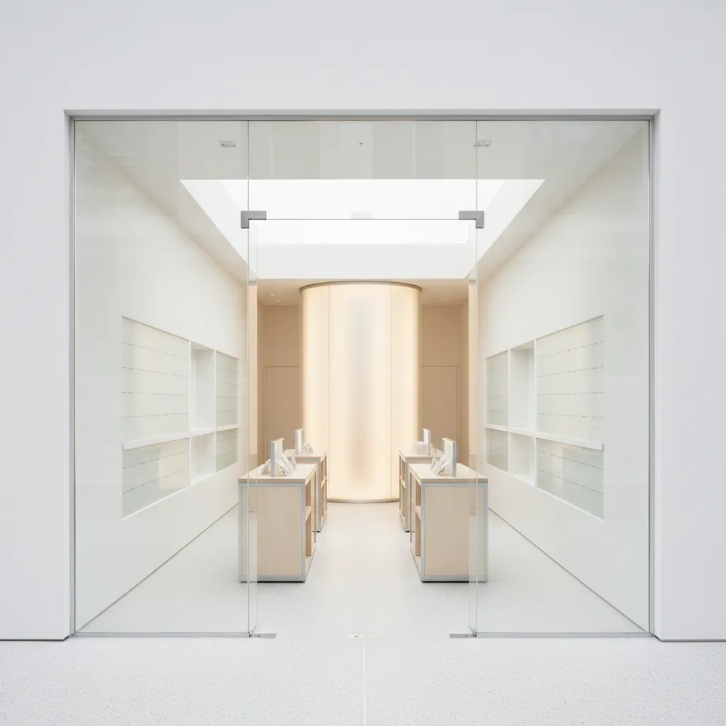 Modern retail store entrance with glass doors wooden display tables white walls and warm lighting